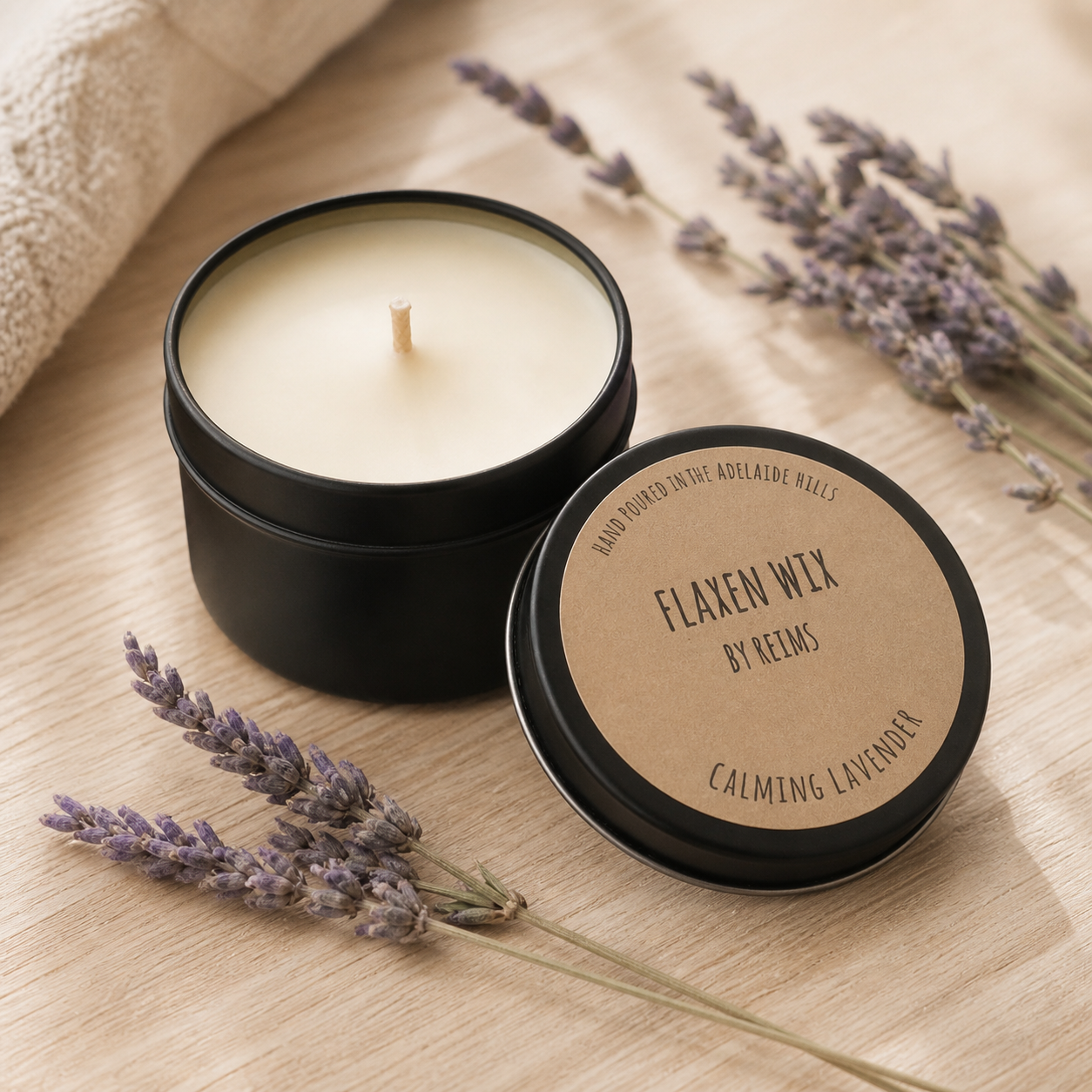 Calming Lavender Flaxen Wix candle tin