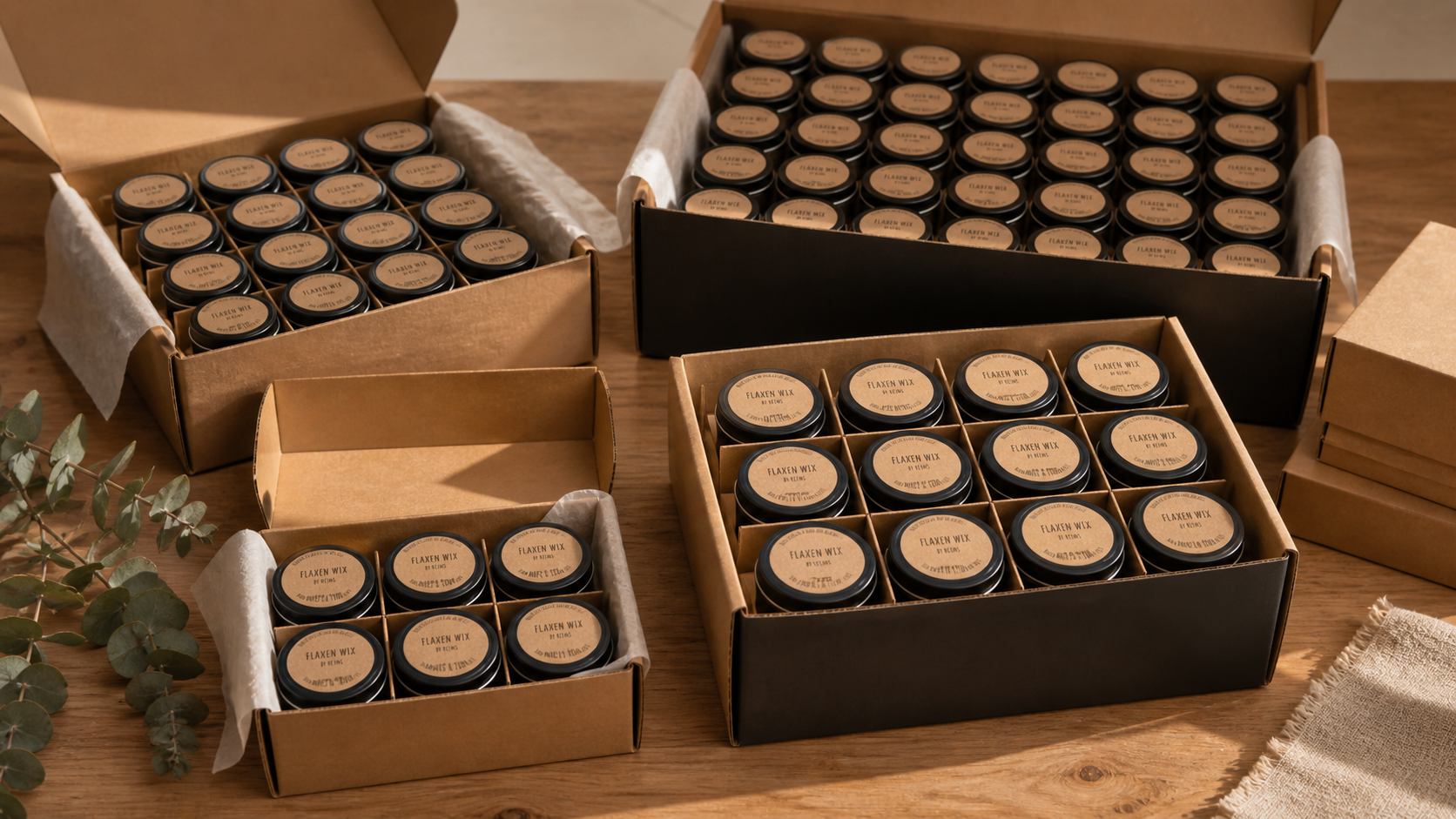 Flaxen Wix candle boxes prepared for bulk ordering