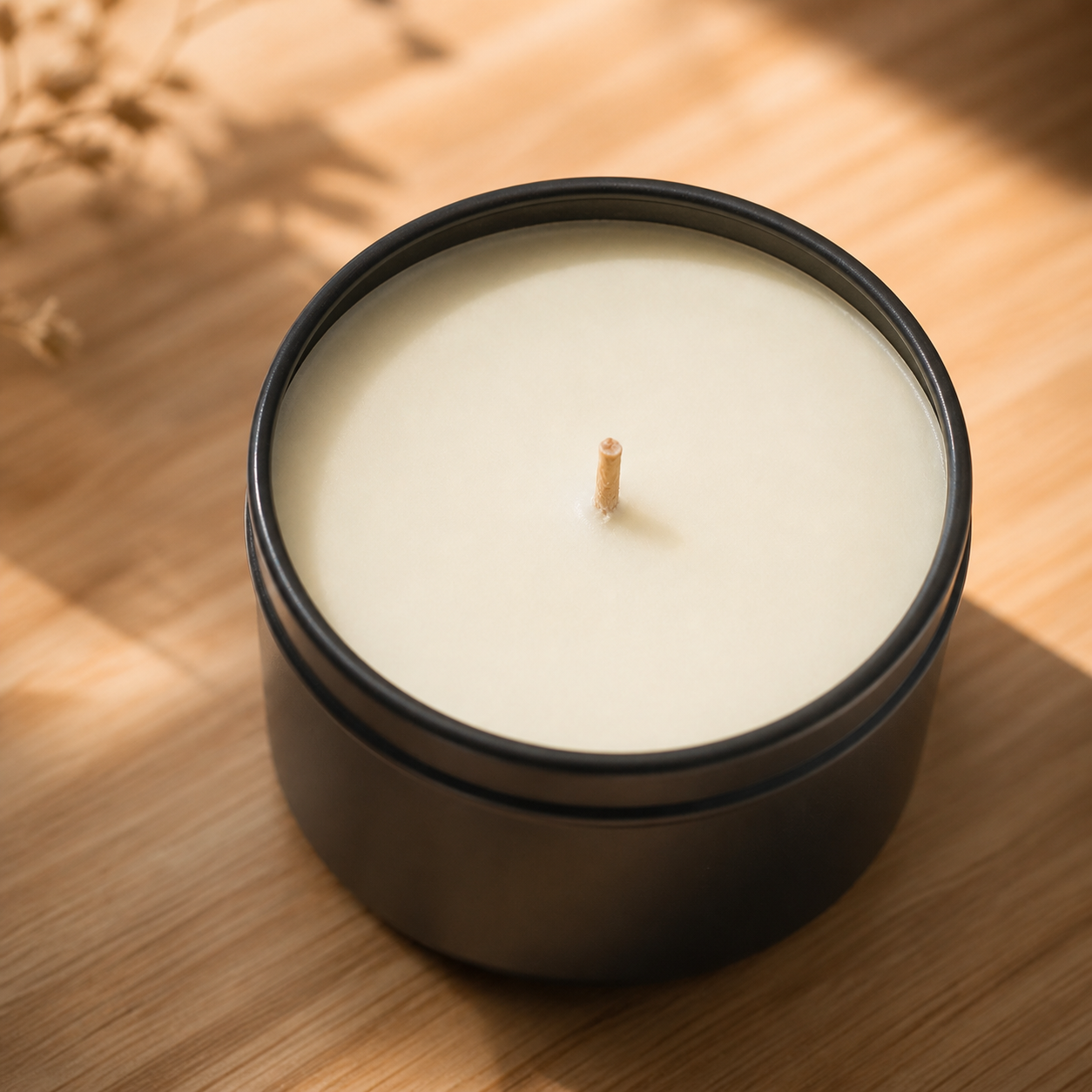 Close-up of creamy wax and wick in a Flaxen Wix candle