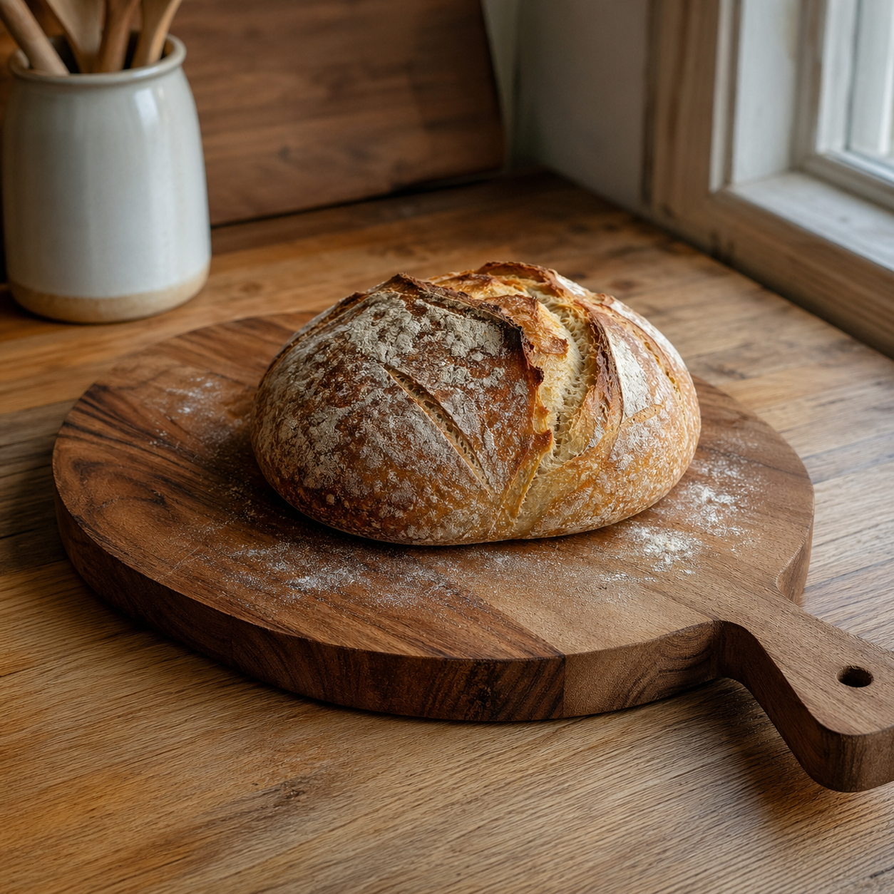 Timber breadboard with sourdough loaf