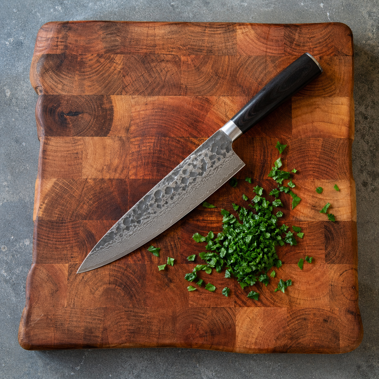 Chopping board with knife and herbs