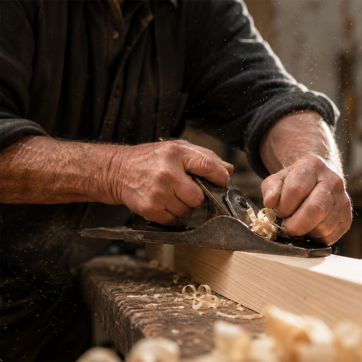 Craftsman's hands working timber