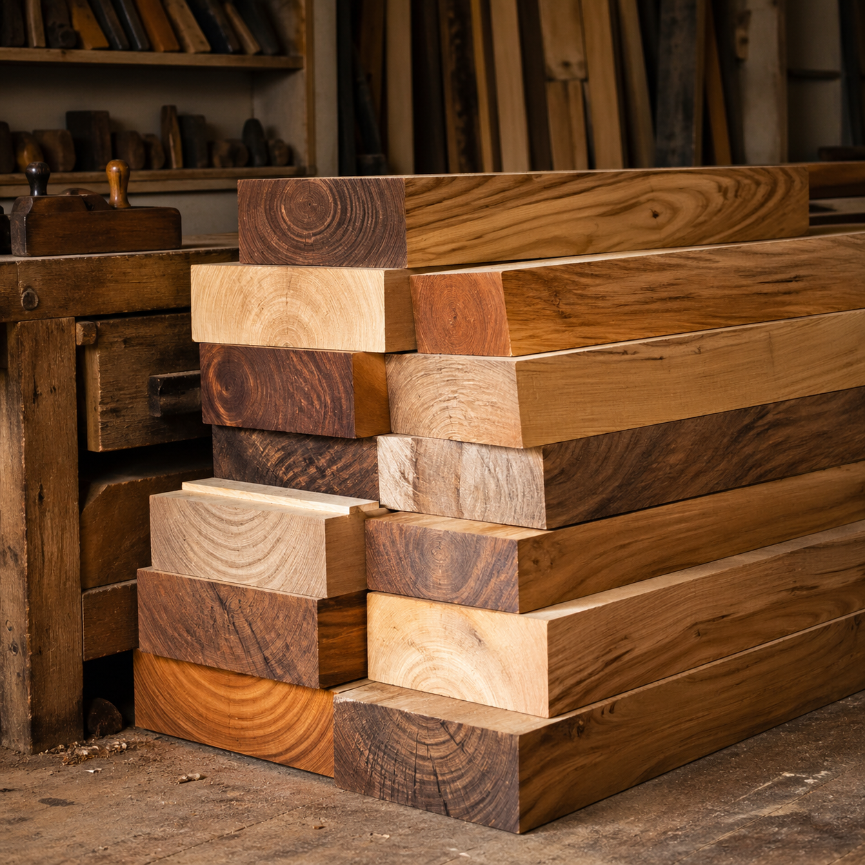 Stacked raw timber planks in workshop